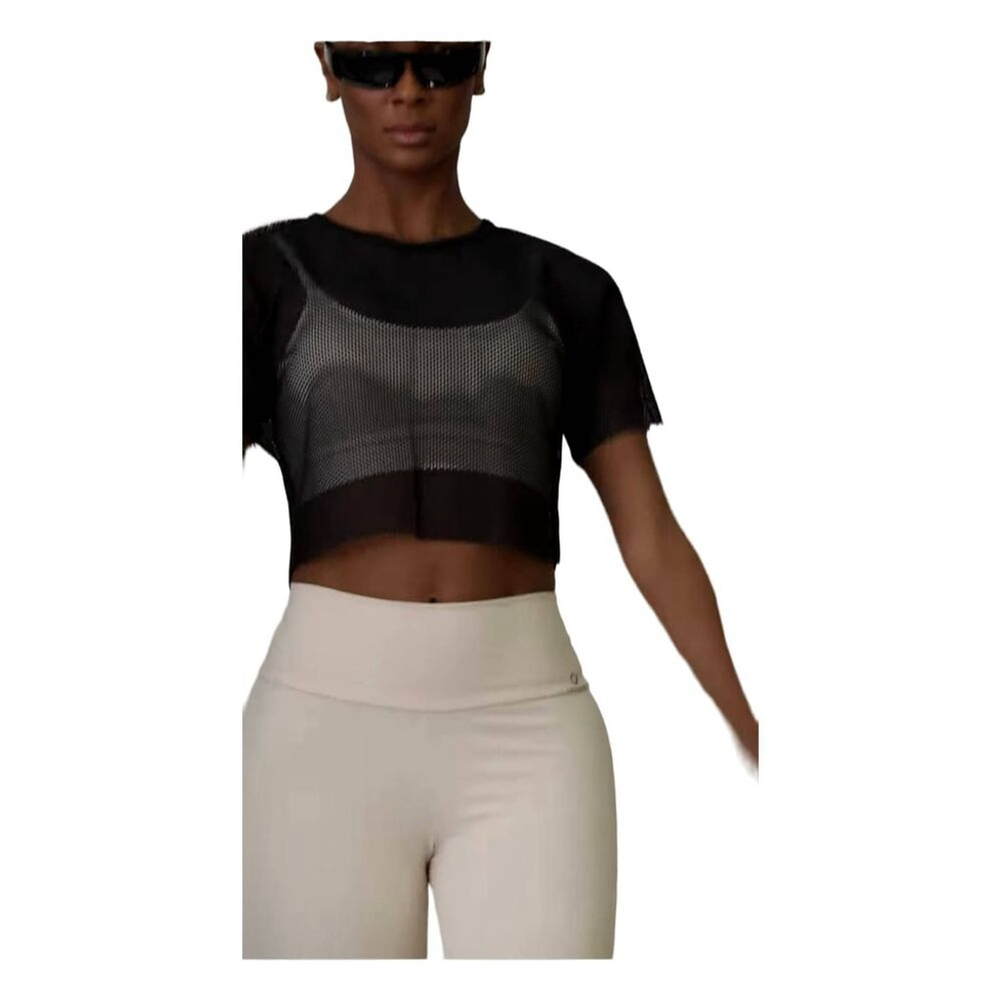 Cajubrasil Women's M Fishnet Mesh Crop Tee Black WorkoutTop